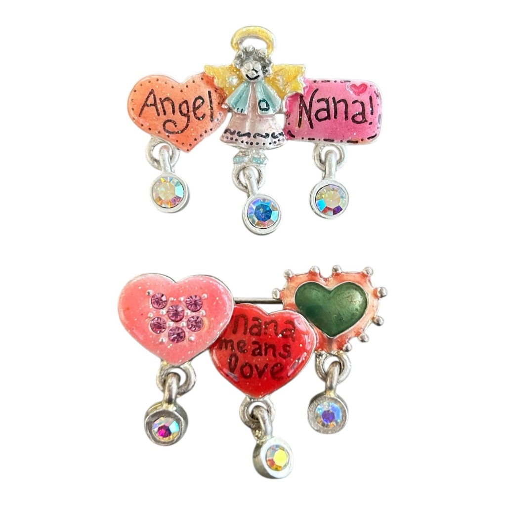2 Vtg Ajmc Nana Pins Brooches Dangling Rhinestones Hearts Nana Angel Love Colors